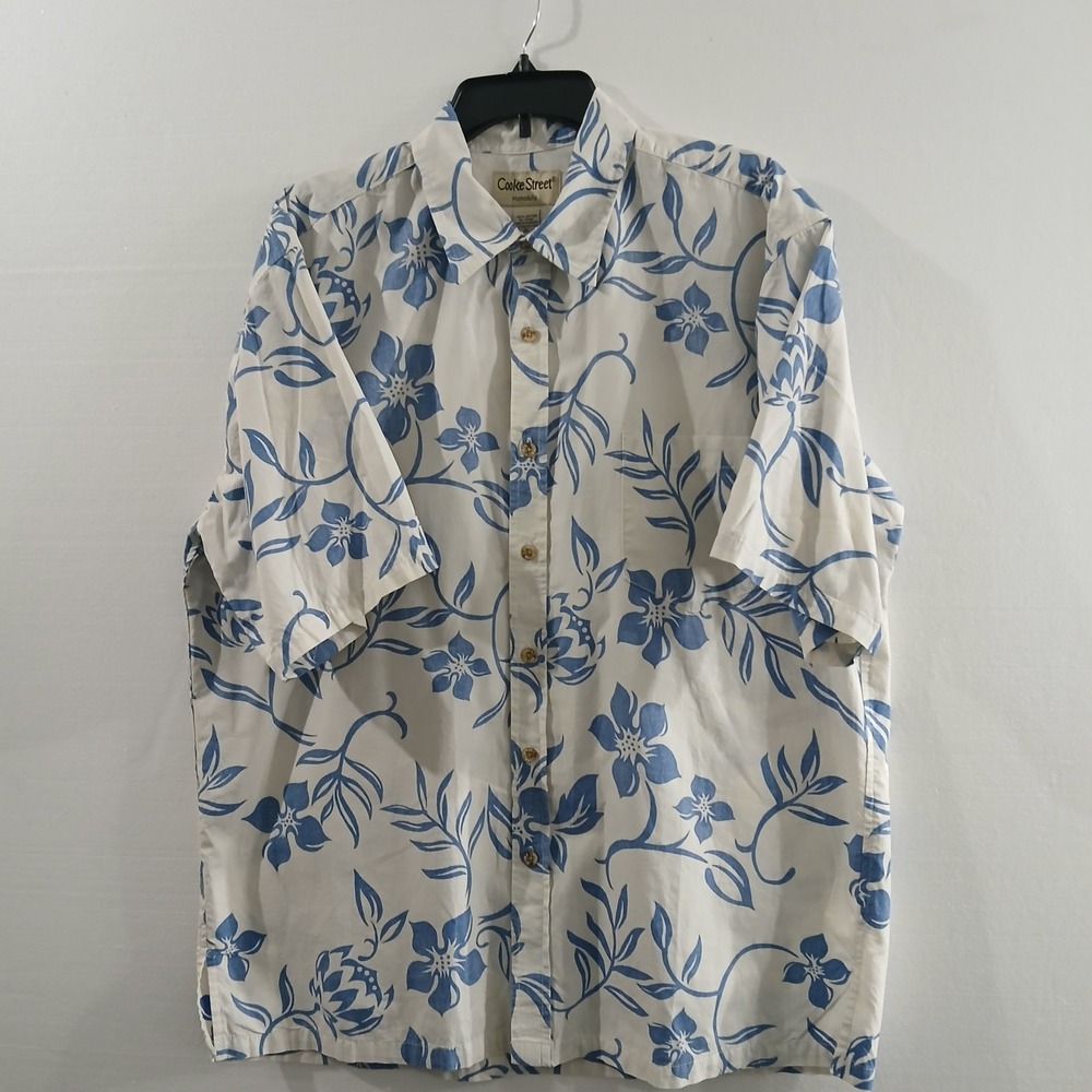 VTG Cooke Hawaiian Men Shirt SzXL Short Sleeve Button Up Resort White BlueFloral